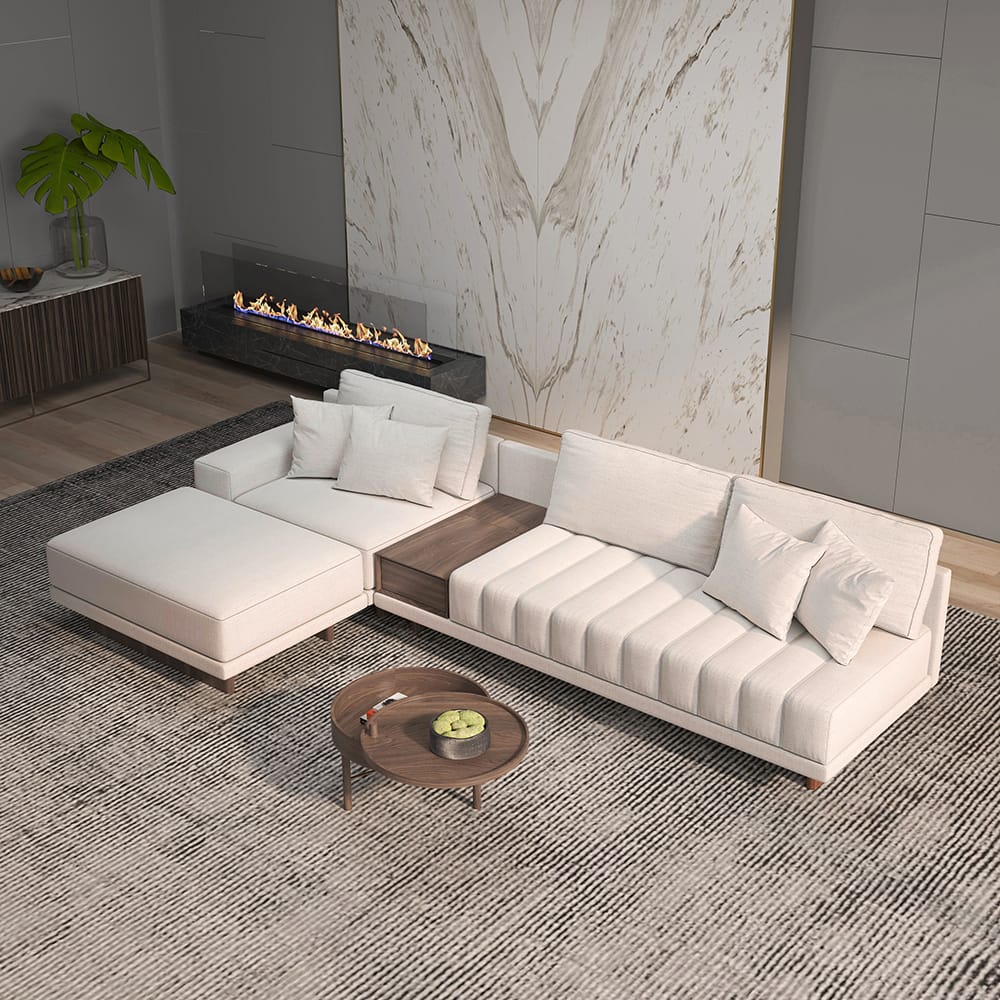 Contemporary 126" L-shaped off white modular sectional sofa with matching ottoman for comfort.