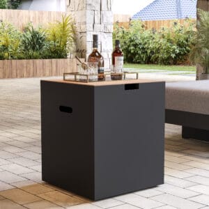 Sleek outdoor propane tank cover that also serves as a stylish side table.