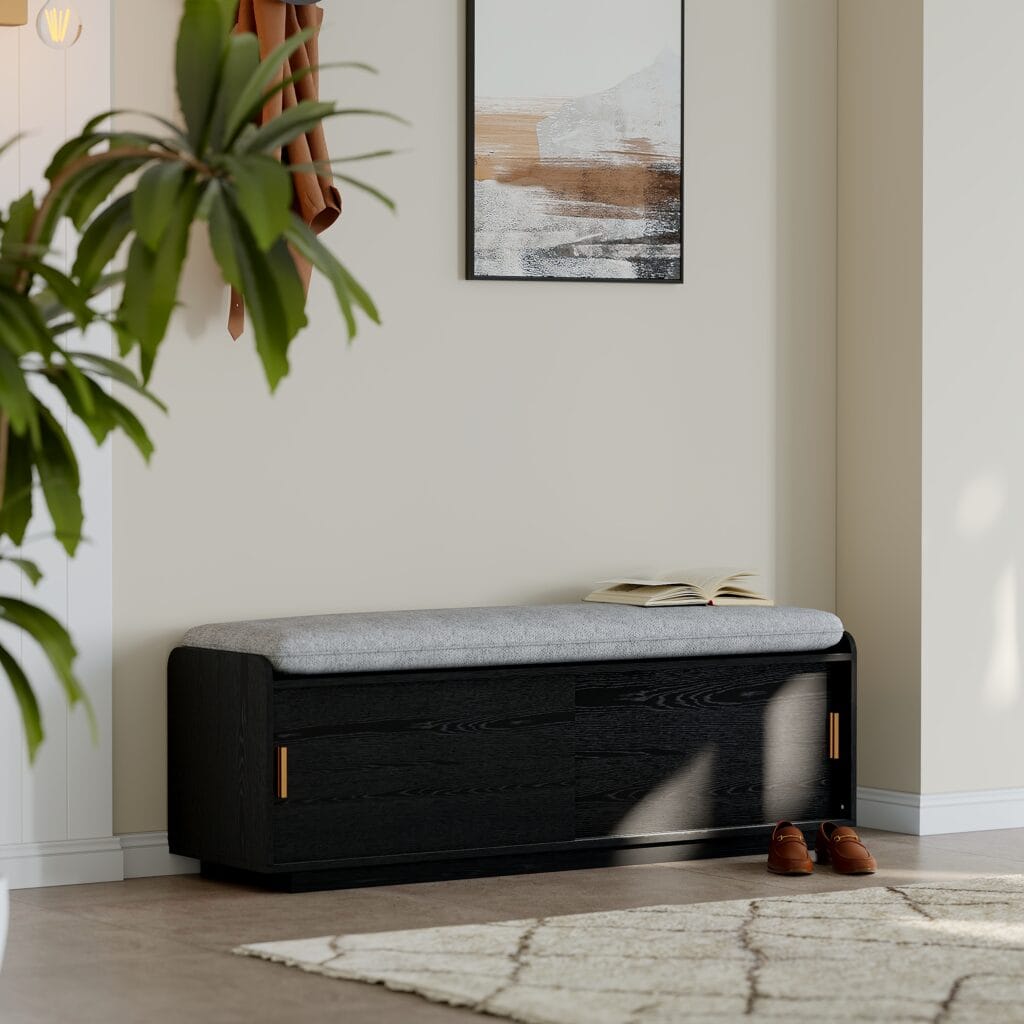The Sicotas Collection 45 Stylish entryway shoe storage bench with cushioned seat and dual-shelf storage.