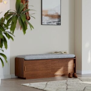 Stylish shoe storage entryway bench with cushioned seat and dual-shelf storage.