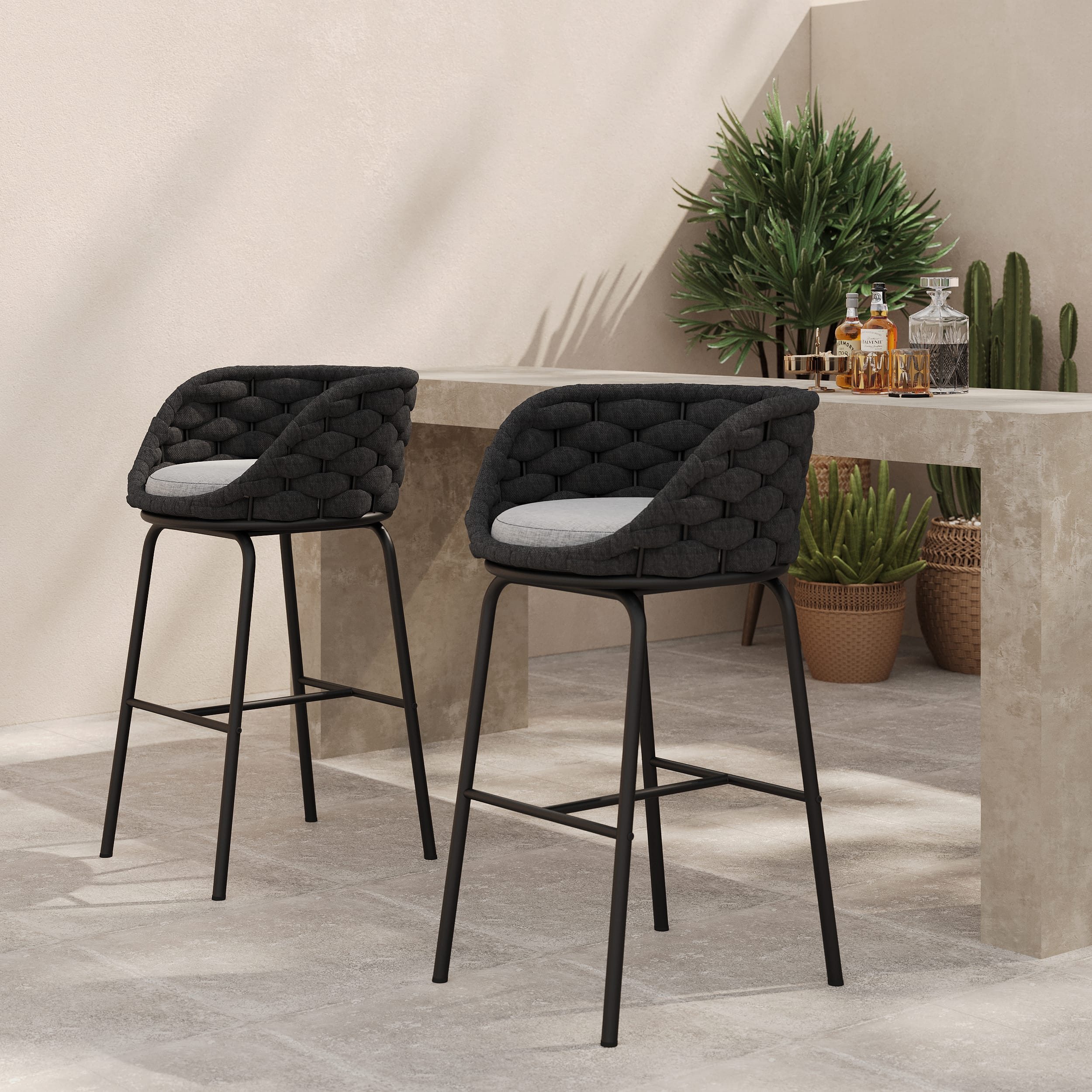 Luxurious Outdoor Bar Stools Set 1 Stylish outdoor bar stools set featuring sturdy aluminum frame and handwoven rope fabric.