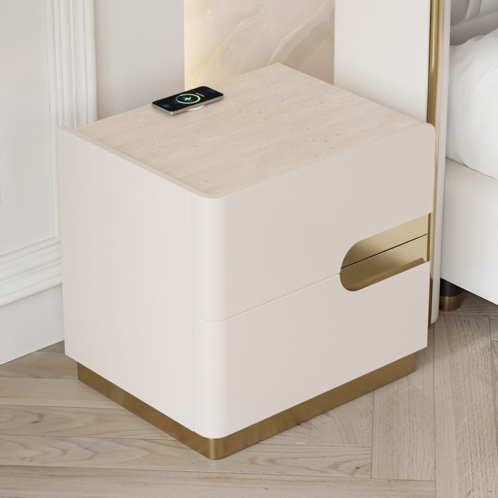 Stylish nightstand with charging station featuring a travertine-like top and stainless steel base.