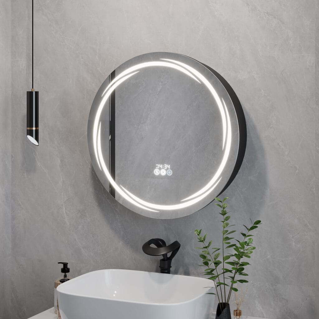 Sleek round LED medicine cabinet featuring a modern mirror and hidden storage space.