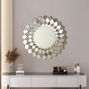Modern silver decorative wall mirror with a circular arrangement of beveled tiles.