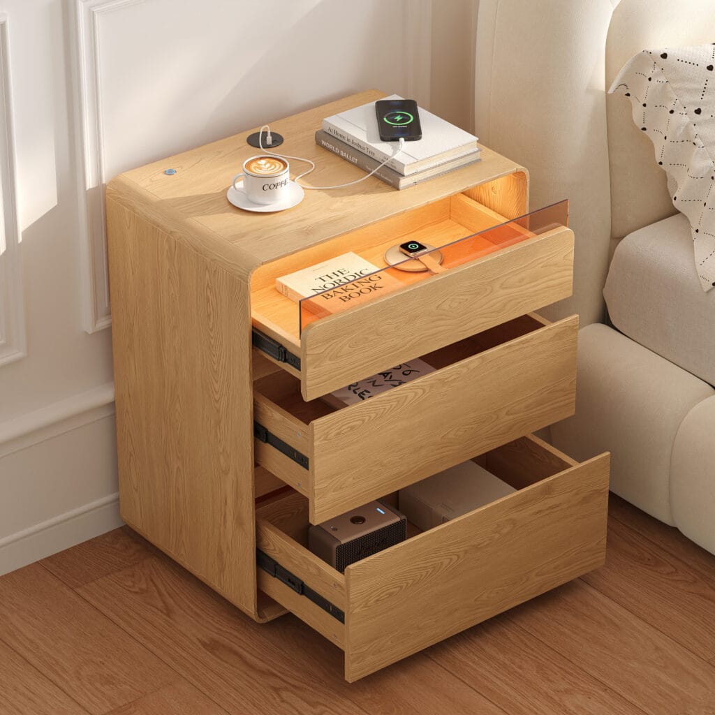 Nightstands 2 Elegant wooden nightstand with charging featuring three drawers and soft acrylic panel glow.