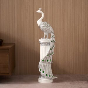 Stunning 27.6 inches Silver Peacock Statue crafted from premium resin for lasting elegance.