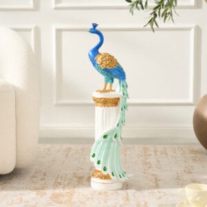 Intricately detailed peacock statue home decor with sparkling crystal accents and durable resin craftsmanship.