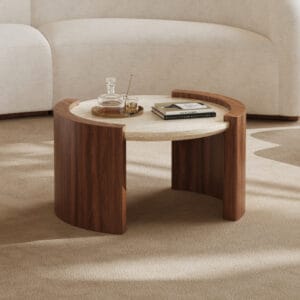 Minimalist walnut round coffee table featuring a thick natural stone top and walnut wood base.