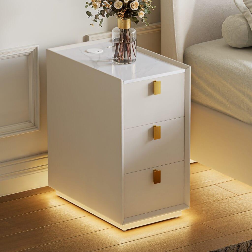 Bedroom Furniture 7 Stylish faux leather bedside table featuring a sintered stone top and three drawers.