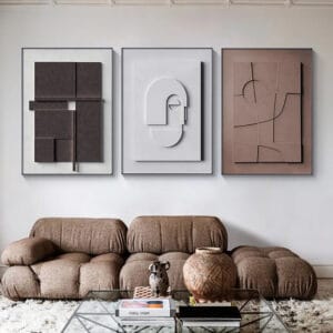 Stylish 3-piece japandi wall art decor set encased in black rectangle frames.