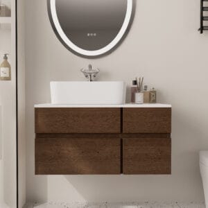 Durable walnut floating bathroom vanity featuring a stone resin countertop and ceramic vessel sink.