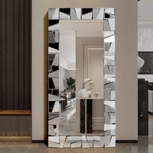 Luxurious oversized floor mirror with a glass frame, perfect for stylish home interiors.
