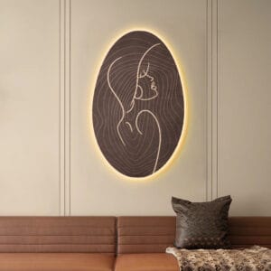 Textured abstract woman design illuminated abstract wall art with warm LED backlight.