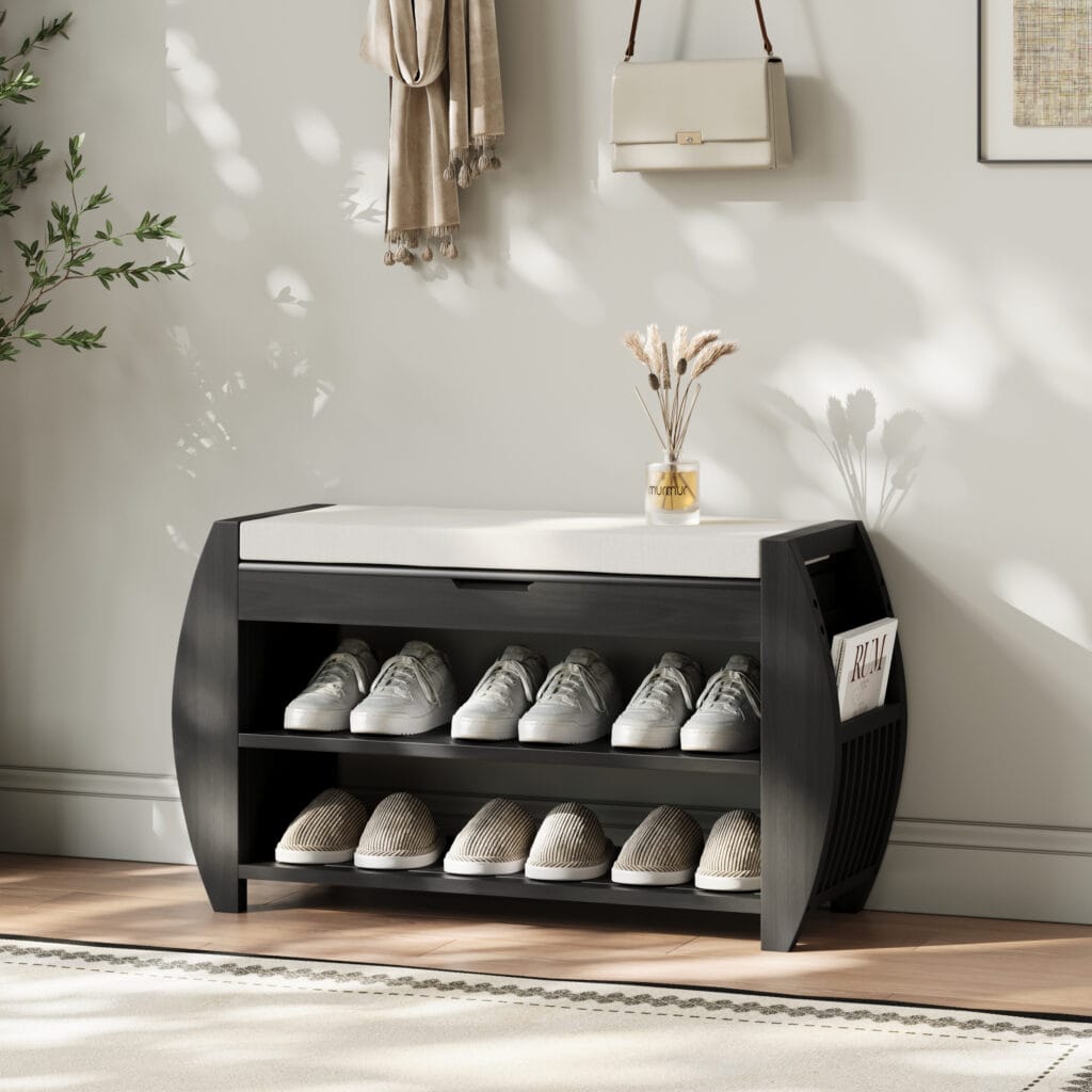Stylish solid wood shoe storage bench with cushion and hidden compartment for shoes.