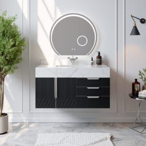 Aro floating bathroom vanity features a sintered stone countertop and ceramic sink, wall mounted bathroom vanity.