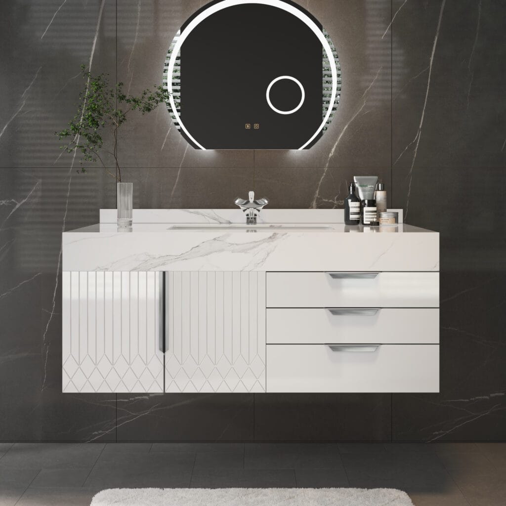 Modern floating white bathroom vanity 35.4 inch featuring a sintered stone countertop and ceramic sink.