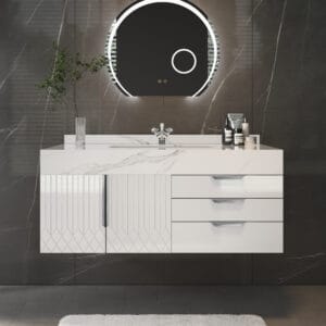 Modern floating white bathroom vanity 35.4 inch featuring a sintered stone countertop and ceramic sink.