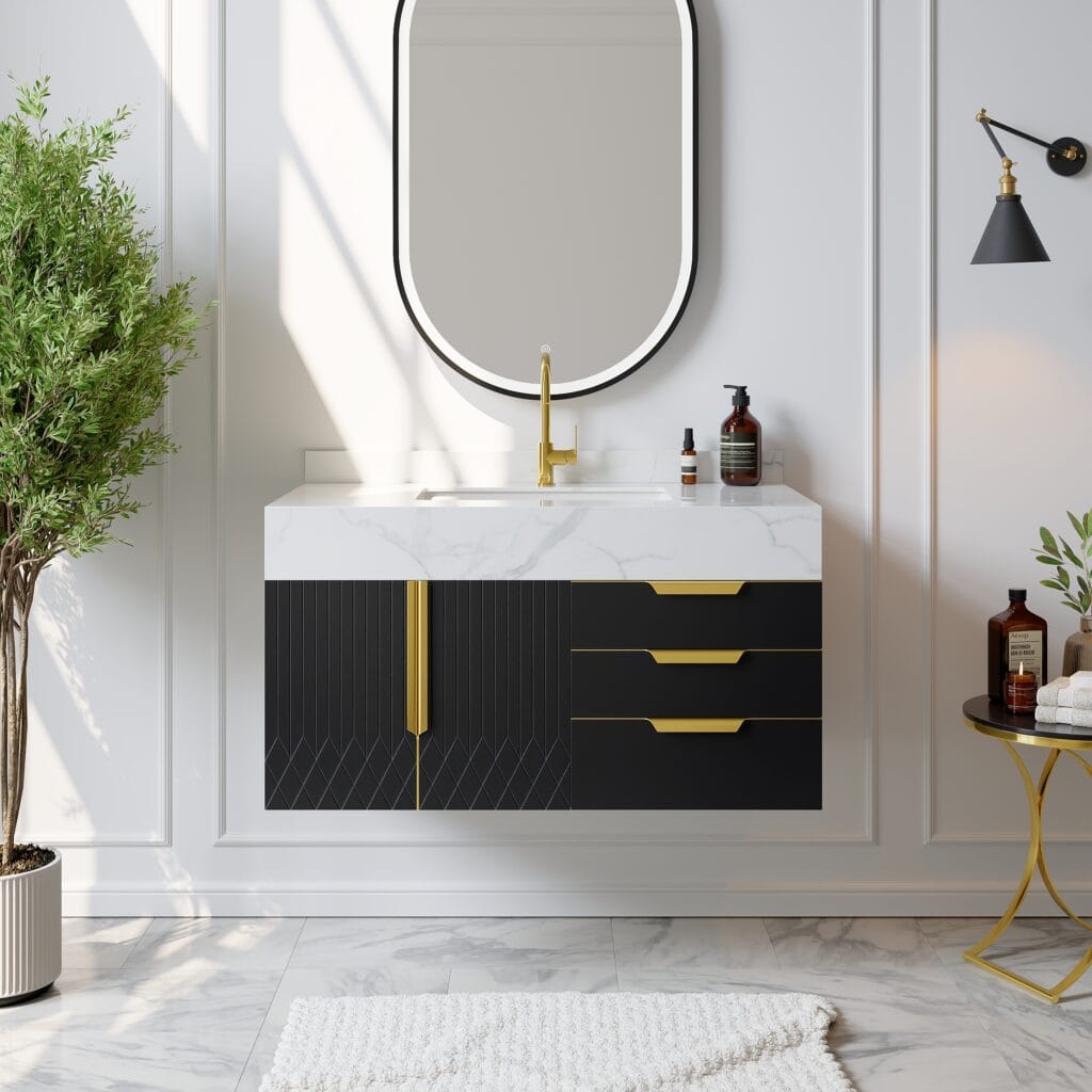 The Sicotas Collection 62 Aro floating black bathroom vanity wall mounted features a sintered stone countertop and undermount sink.