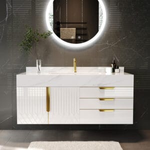 Aro floating wall mounted bathroom vanity featuring a sintered stone countertop and ceramic sink.