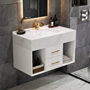 Sleek floating bathroom vanity featuring a sintered stone top and gold hardware.