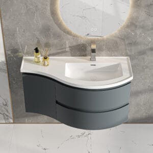 Stylish floating curved bathroom vanity with stone resin top and ample storage.