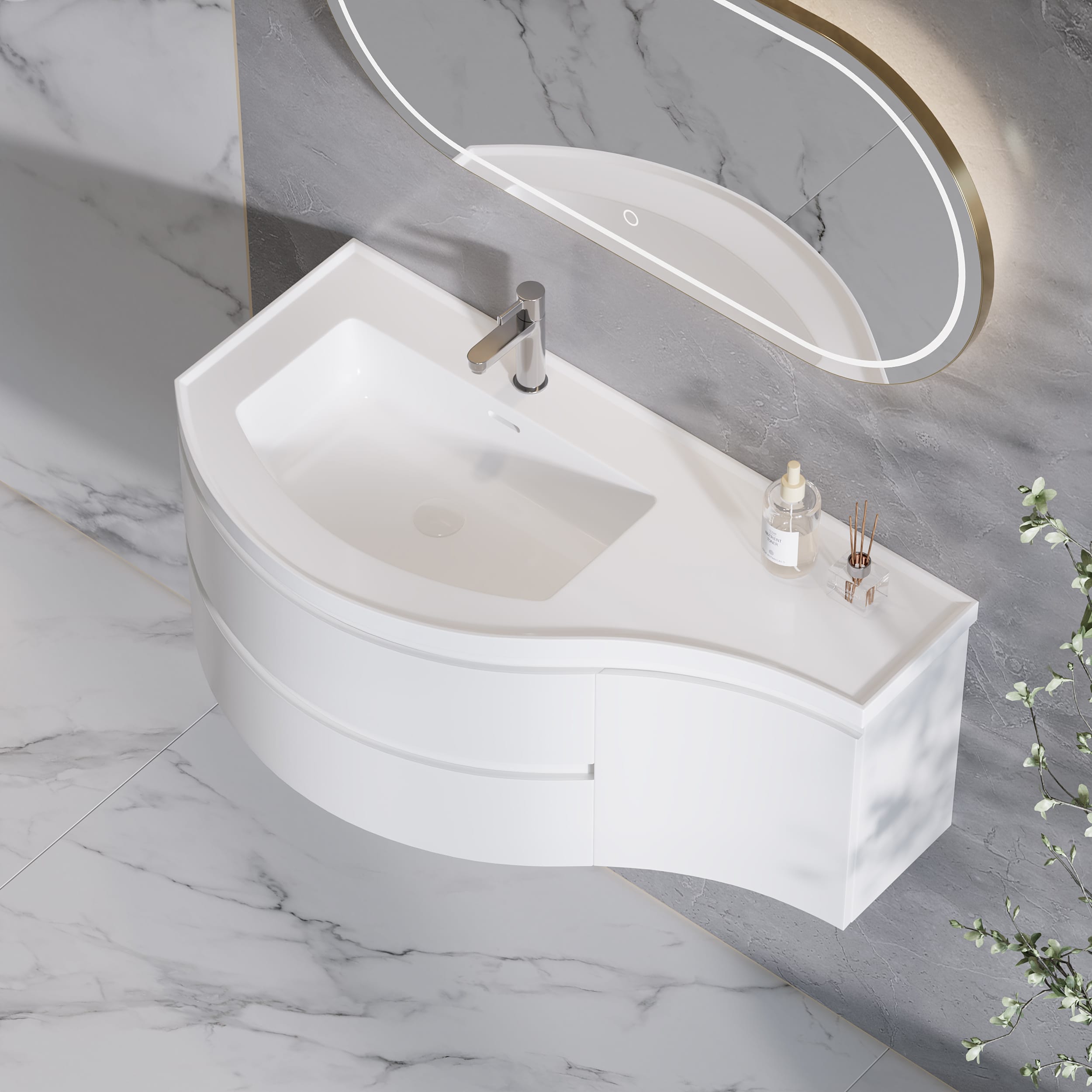 Floating Curved Bathroom Vanity with Luxurious Sink 1 Floating wall-mounted design featuring a durable stone resin top, floating curved bathroom vanity offers modern style and ample storage.