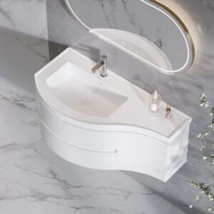 Stylish floating curved bathroom vanity with a stone resin top and ample storage.