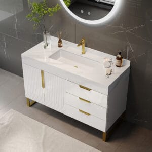 Modern Aro bathroom vanity with sink features a durable sintered stone countertop and ceramic undermount sink.