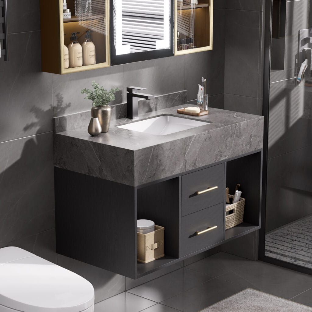 The Sicotas Collection 63 Modern floating bathroom vanity with sink featuring sintered stone top and soft-close drawers.