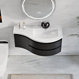 Modern floating bathroom vanity set with a durable stone resin top and ample storage.