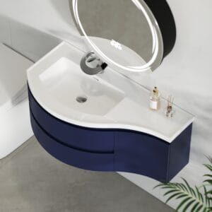 Floating wall-mounted design showcases a stylish floating curved bathroom vanity with stone resin top.