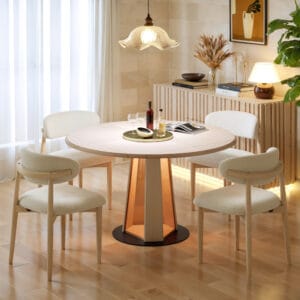 Solid wood extendable dining table features built-in LED light for cozy ambiance.
