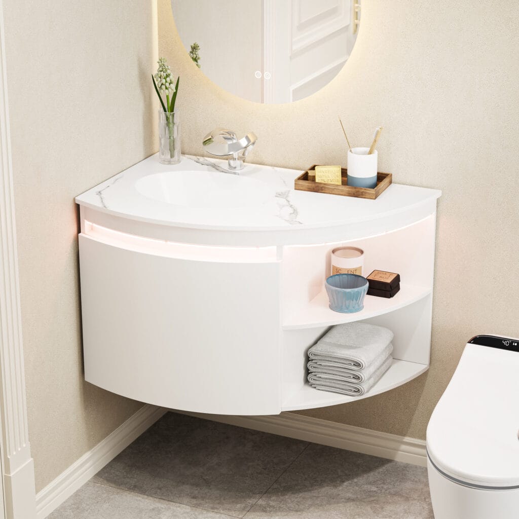 Stylish corner bathroom vanity with sintered stone top and automatic LED strip lighting.