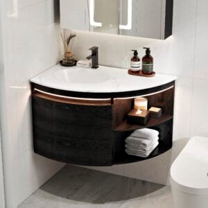 Sleek floating corner bathroom vanity with storage features a sintered stone top and LED strip.