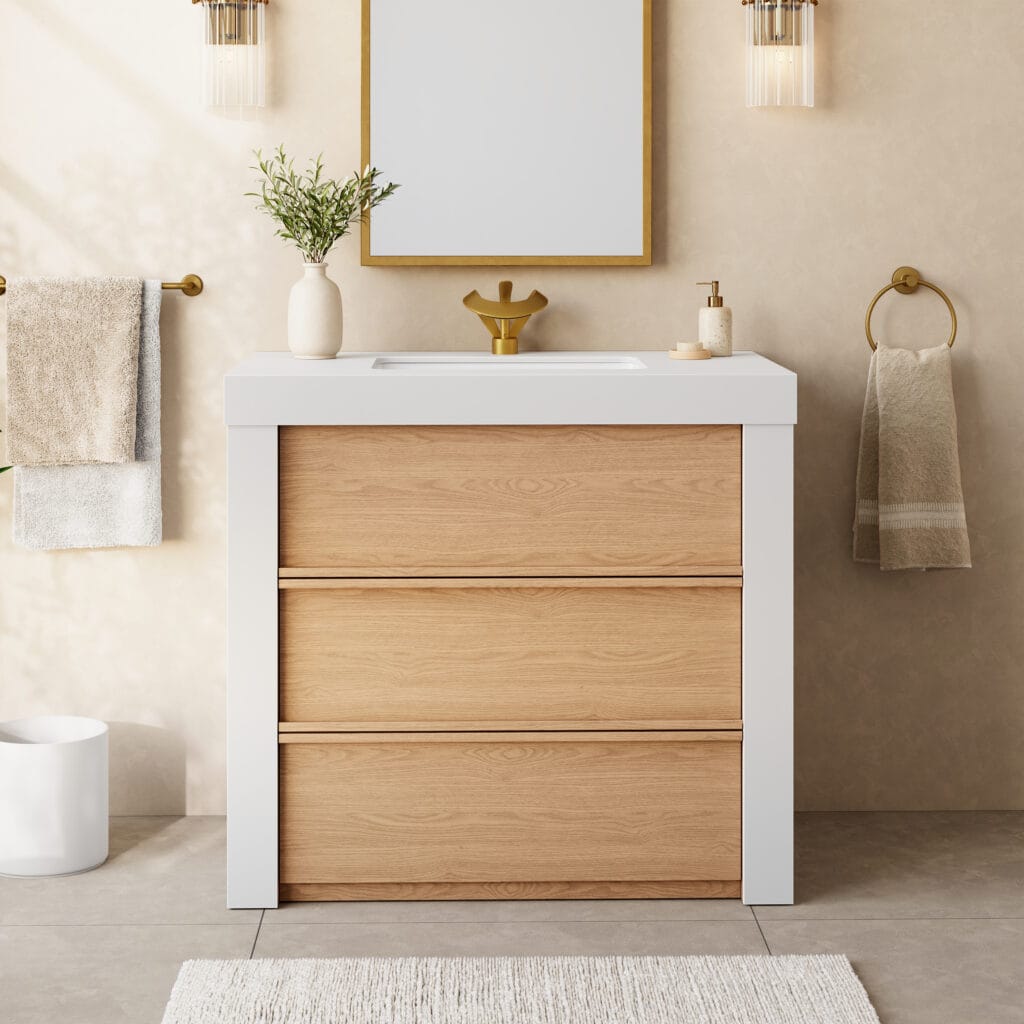 The Sicotas Collection 61 Modern 36 inch bathroom vanity featuring sintered stone top and warm wood-grain drawers.