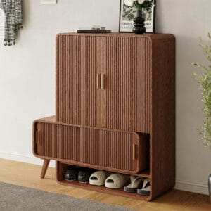 Versatile shoe storage cabinet serving as a bench with adjustable shelves and rubber wood.