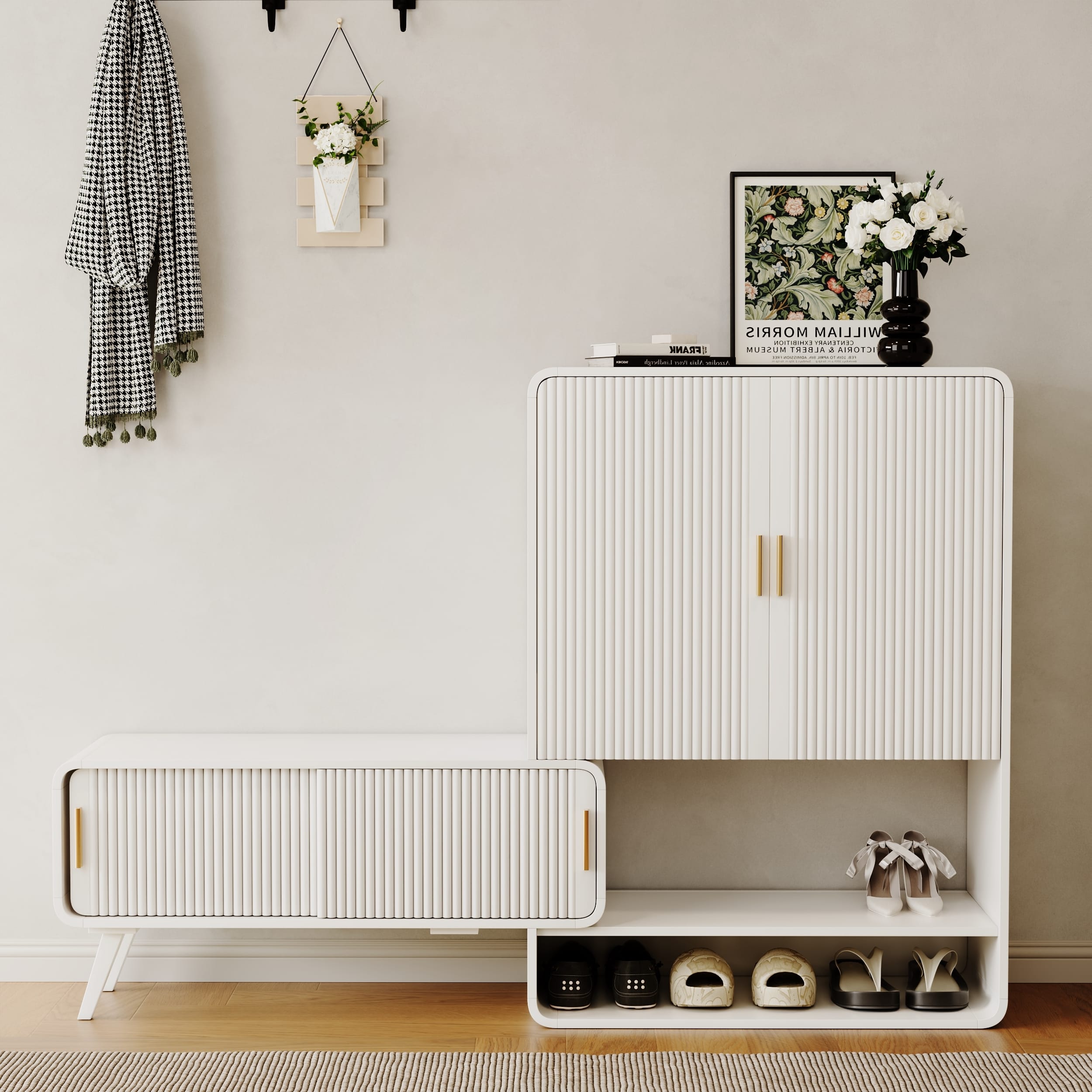 Warm White Shoe Storage Cabinet, Great Design 1 Versatile shoe storage cabinet that extends and swivels, featuring adjustable shelves.