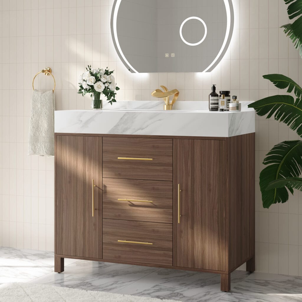 Sleek modern 39-inch walnut bathroom vanity with sink, featuring durable sintered stone top.