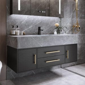 Sleek 39" black floating bathroom vanity with undermount sink and sintered stone countertop.