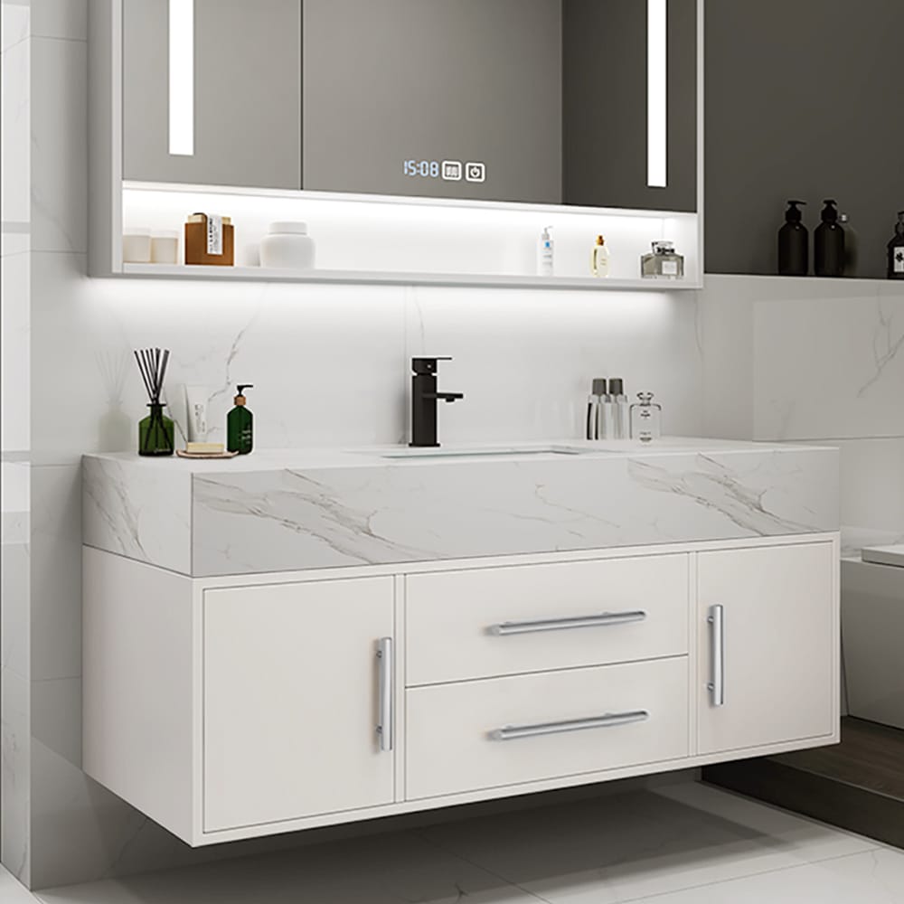Sleek 39" white wall mounted bathroom vanity with a sintered stone countertop and ceramic sink.