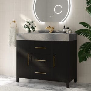 Stylish 39.4" freestanding black bathroom vanity with matte-black finish and concrete grey stone top.