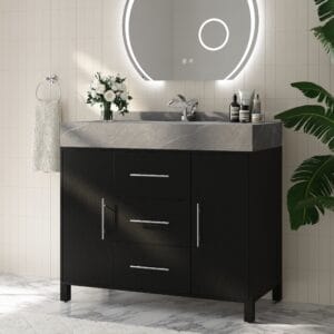 Sleek industrial style black bathroom vanity with a matte-black cabinet and concrete grey countertop.