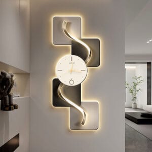 Modern LED wall clock featuring abstract geometric panels and a warm backlight, large silent wall clock.
