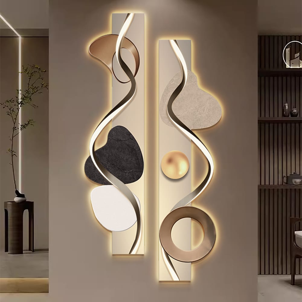 Modern Abstract Geometric Wall Art With Amazing LED Backlighting 1 Modern abstract geometric wall art featuring dual panels and integrated LED backlighting.