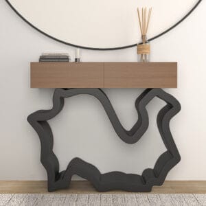 Stylish walnut and black console table featuring a spacious top and two drawers.