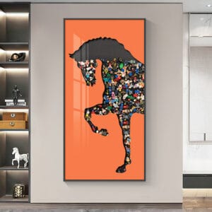 Unique wall decoration featuring horse building blocks wall art in a black aluminum frame.