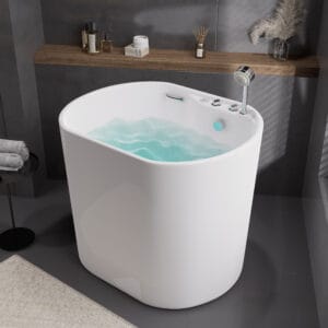 Compact freestanding modern jetted bathtub featuring deep soaking, hydro-massage, and air-bubble jets.