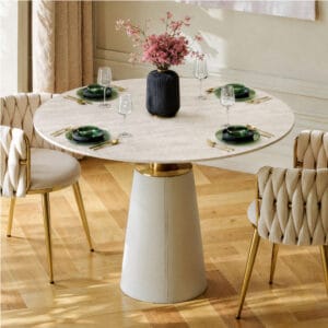 Luxurious faux travertine dining table with a sintered stone top and leather base.