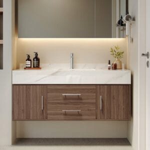 Modern floating bathroom vanity set with warm walnut finish and white sintered stone top.