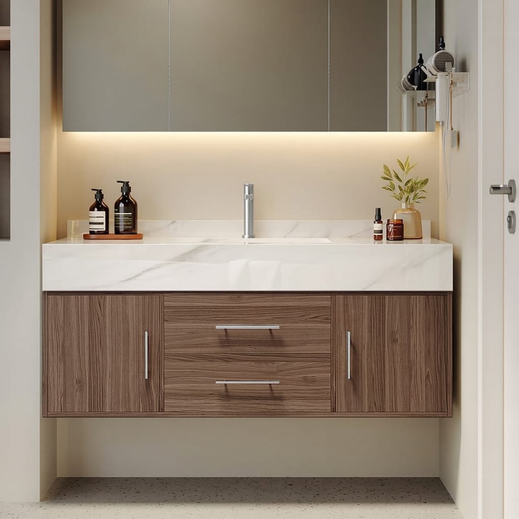 Modern floating bathroom vanity set with warm walnut finish and white sintered stone top.